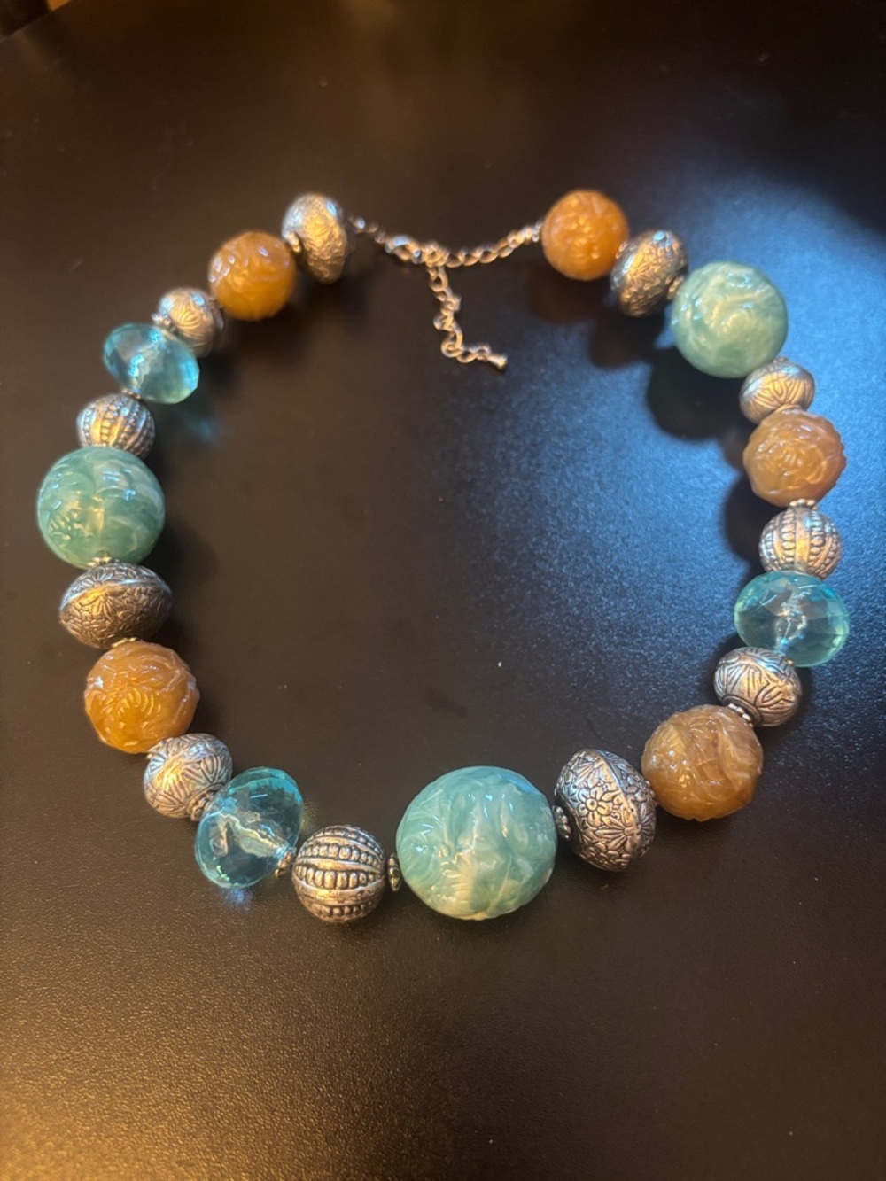 Handcrafted Blue & Amber Beaded Statement Necklace